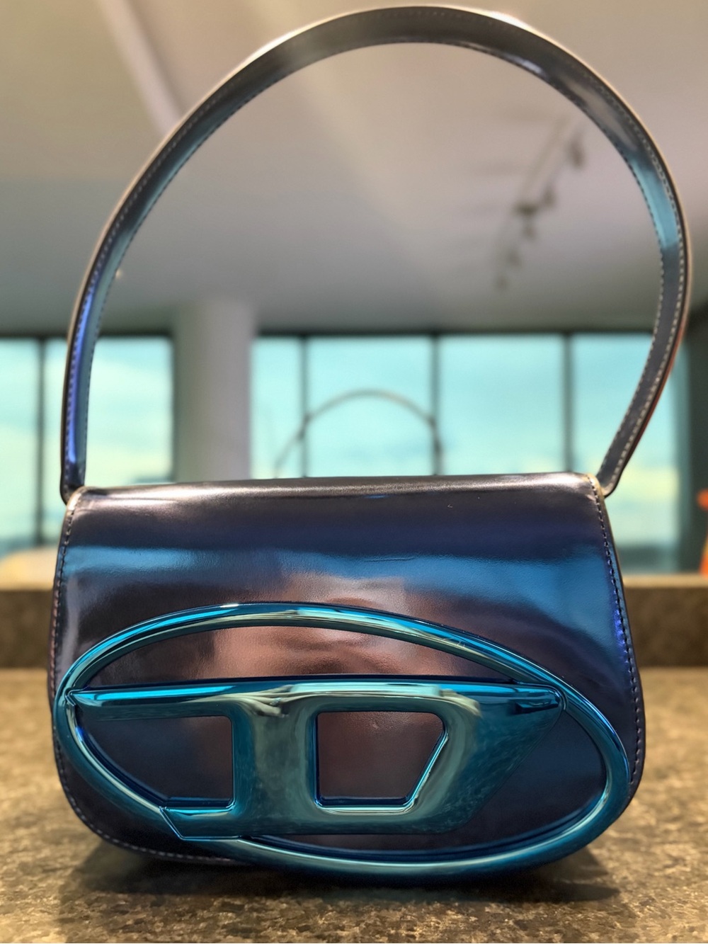Diesel Metallic Teal Blue Mini Shoulder Bag with Statement D Logo
